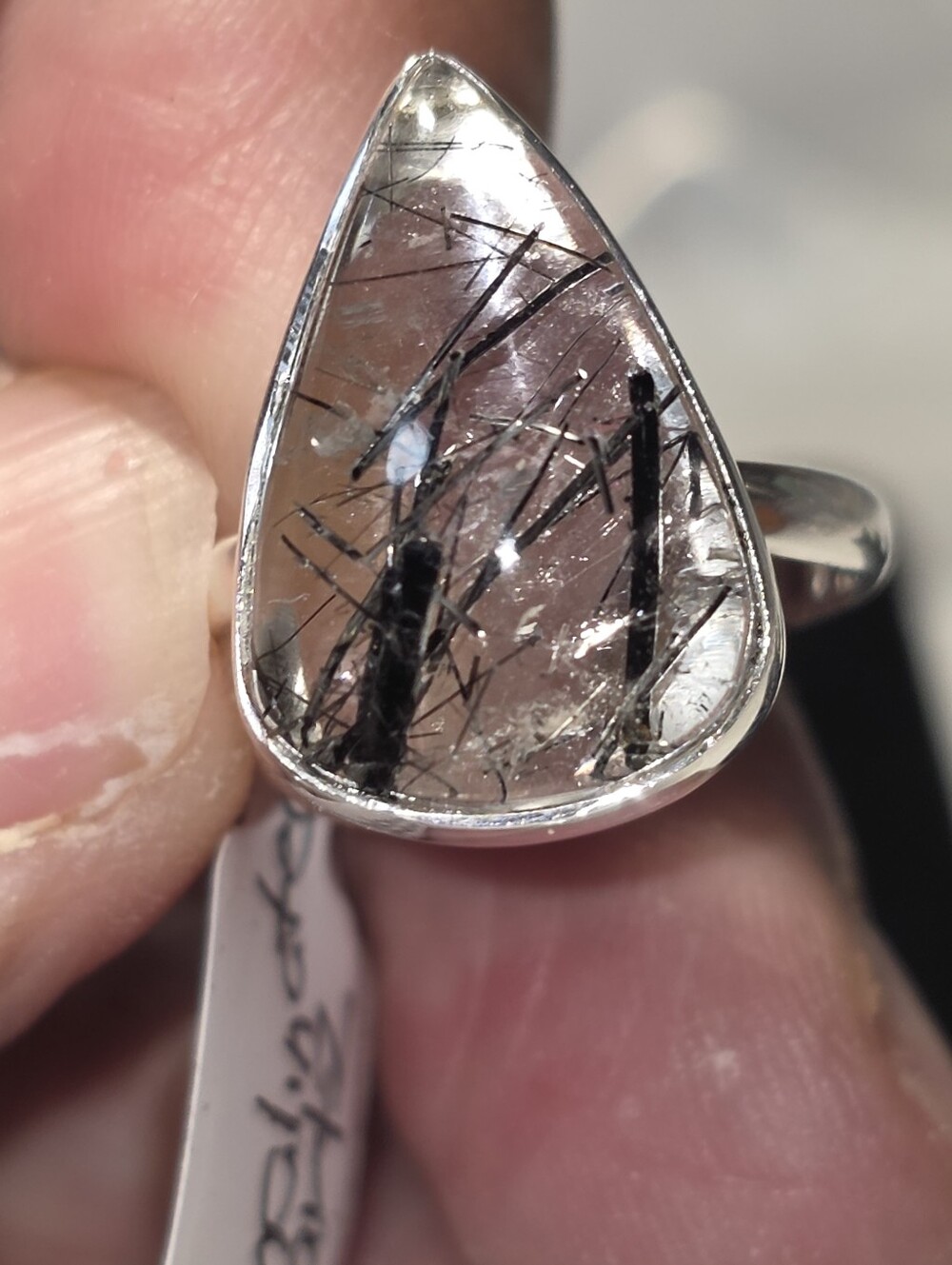 Sterling Silver 925 Teardrop Black Tourmilinated Quartz Ring